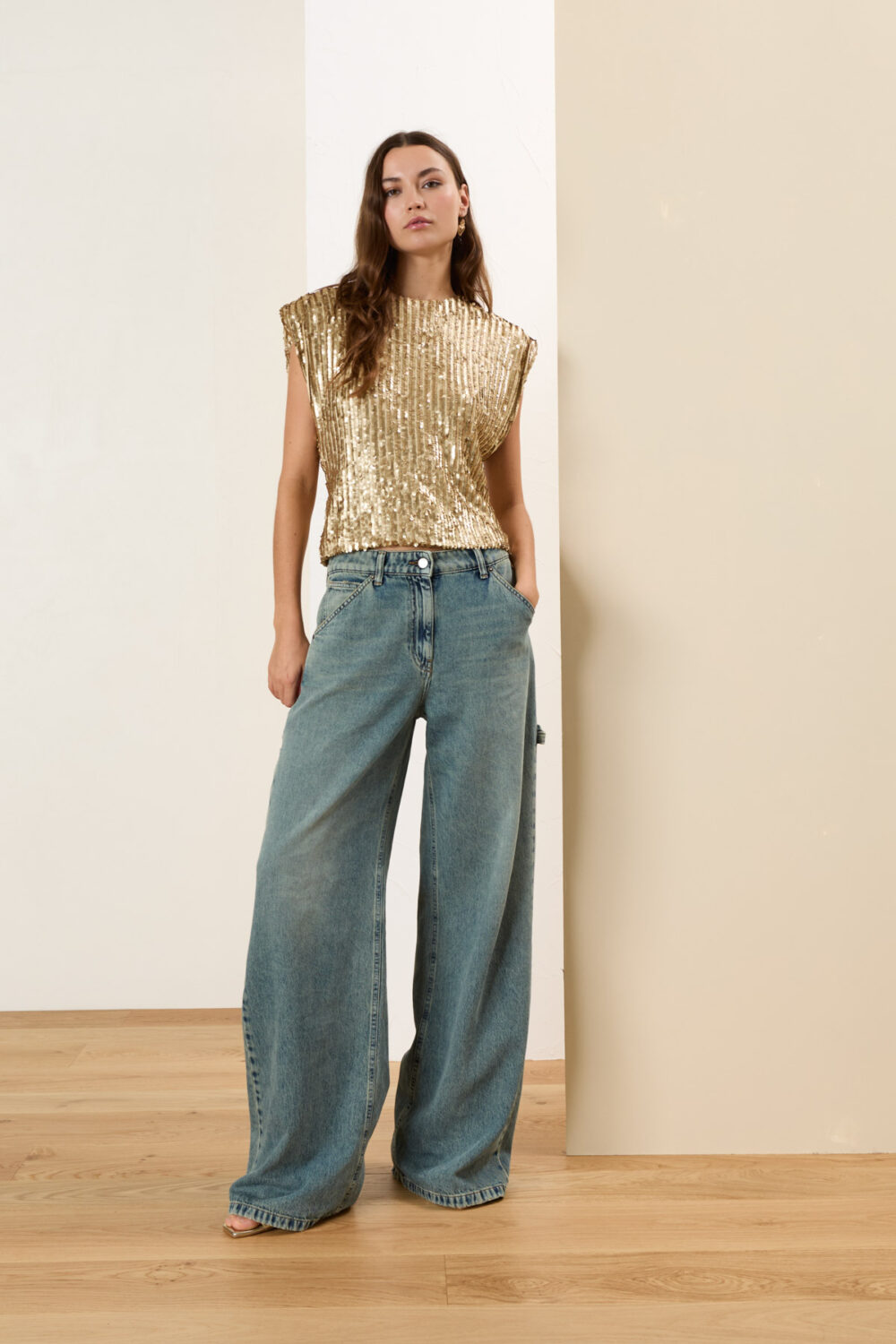 Pantalone denim carpenter a palazzo